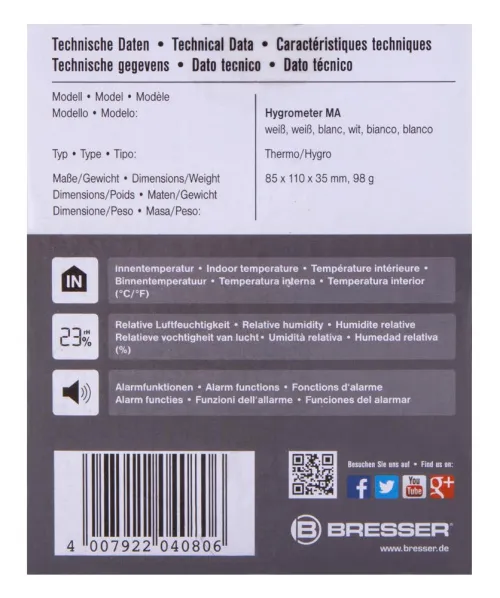 6463664 Bresser penészedés-riasztó higrométer, fehér,  10