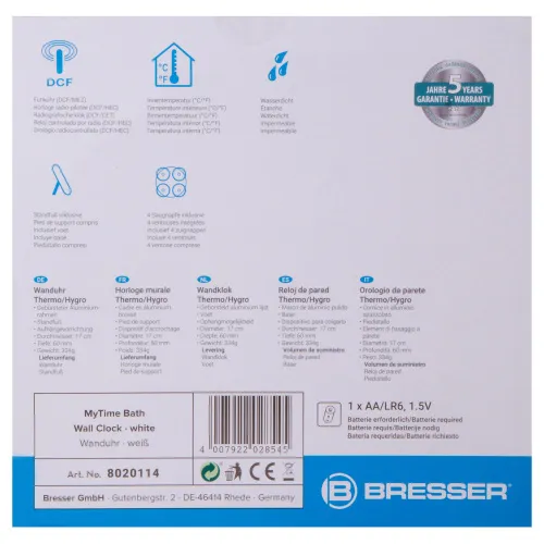 6463664 Bresser MyTime Bath vízálló fali óra, fehér,  8